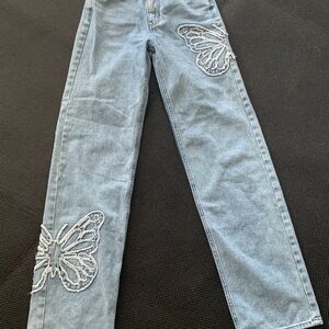 PacSun Light Blue Butterfly Embroidered Jeans